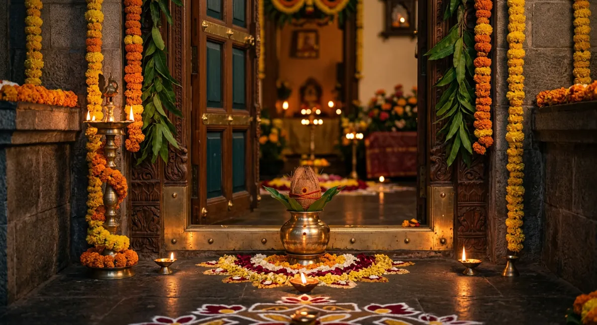 A home entrance decorated with a kalash, marigold torans, rangoli and brass lamps