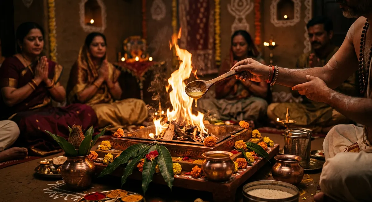 Ghee being offered into the flames of a sacred havan kund