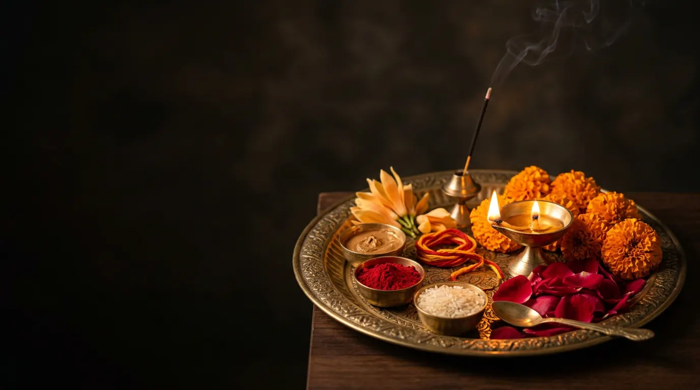 A brass puja thali with a lit diya, marigolds, rose petals, kumkum and rice