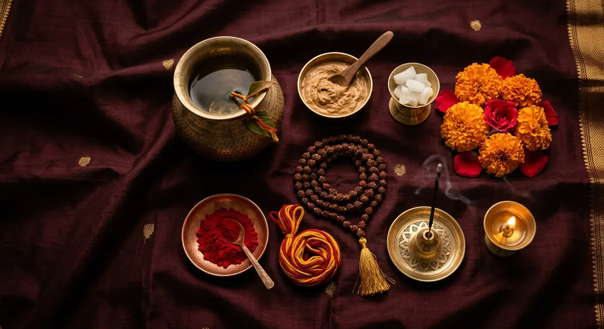 Puja samagri laid out on dark silk: brass lota, camphor, sandalwood, rudraksha mala and flowers